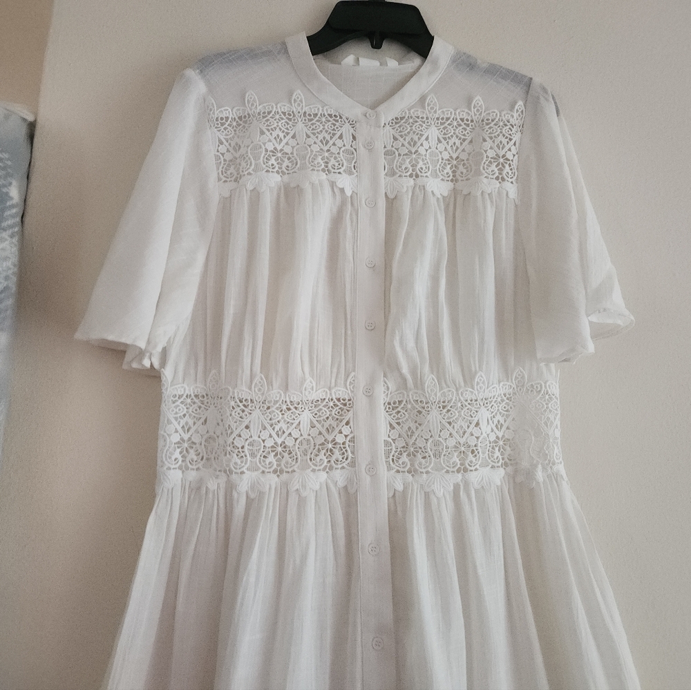 H&M Lace-inset Cotton Maxi Dress Tiered Woven Unlined/See Through White  NWT - Picture 10 of 15